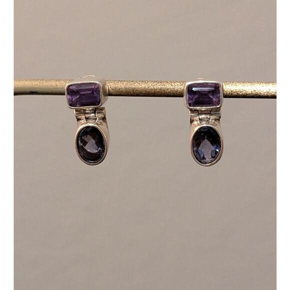 Vtg 1990s 925 Sterling Hinged Amethyst & Iolite Gemstone Drop Post Earrings - Picture 5 of 5